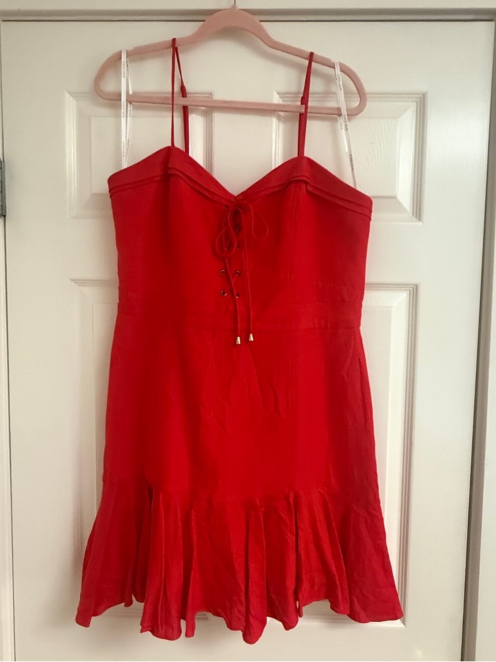 Ever New Poppy Red Spaghetti Strap Lace-Up Linen Mini Dress